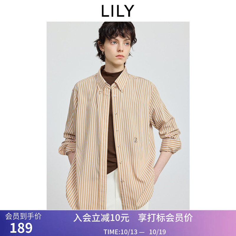 LILY冬新款女装复古竖条纹刺绣翻领休闲气质通勤长袖衬衫外套