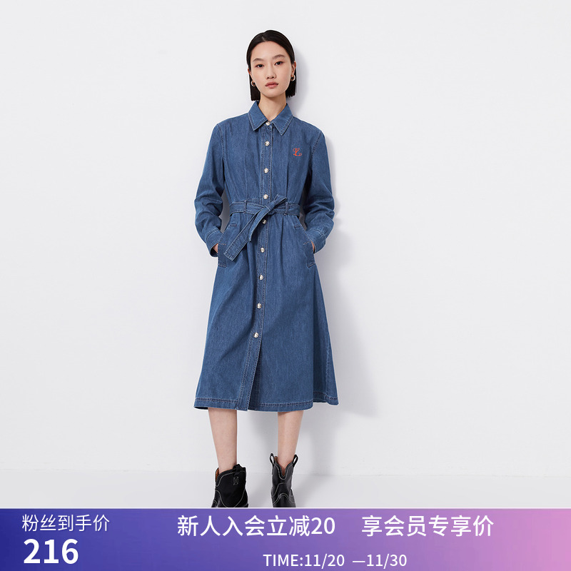 【商场同款】LILY春新款女装复古通勤全棉长款牛仔衬衫连衣裙