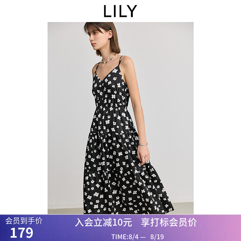 【幸运裙】LILY春新款女装撞色黑白碎花裙V领收腰吊带连衣裙