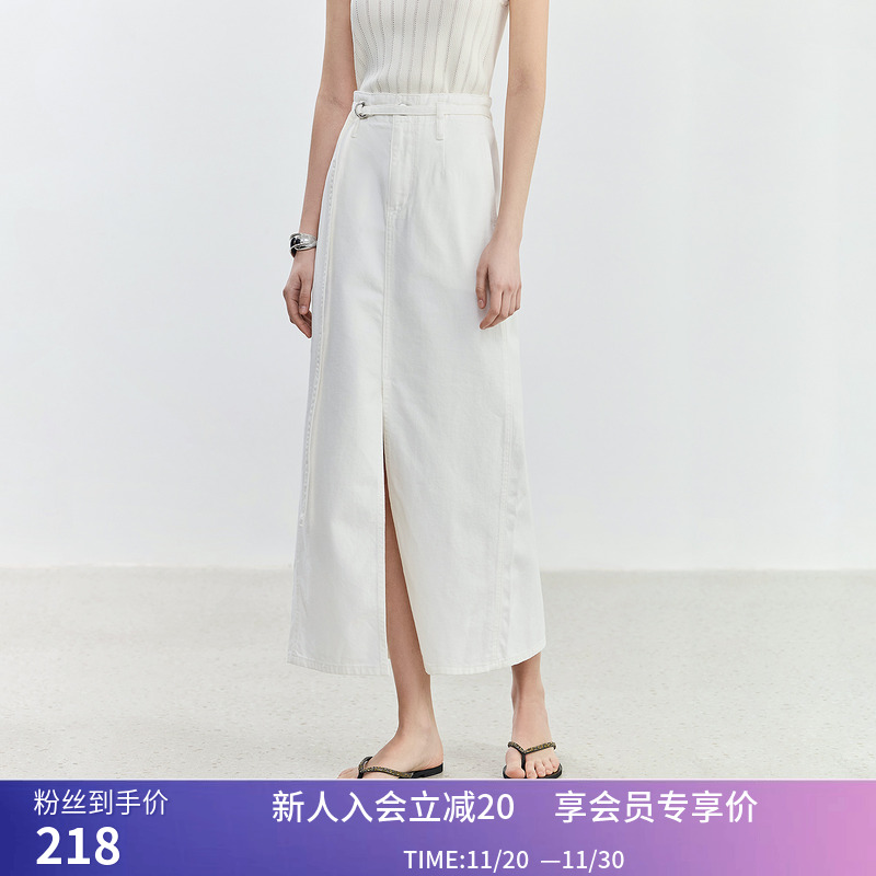 【商场同款】LILY夏新款女装舒适全棉洋气开叉白色牛仔半身裙