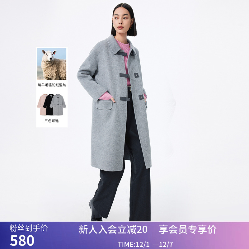 LILY冬新款女装保暖绵羊毛都市通勤款学院感宽松毛呢大衣外套