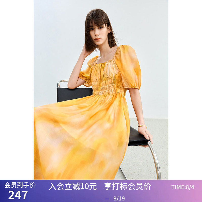 【商场同款】LILY夏新款女装莱赛尔活力橘多巴胺印花连身裙女