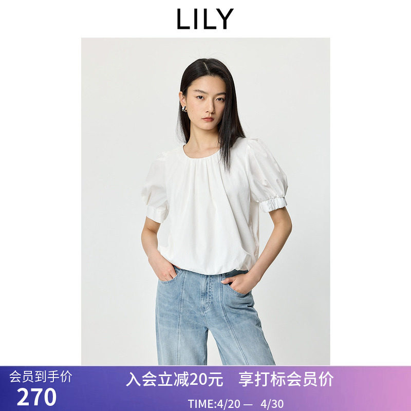 LILY2026夏新款法式圆领泡泡袖小衫休闲气质通勤白色套头雪纺衫女