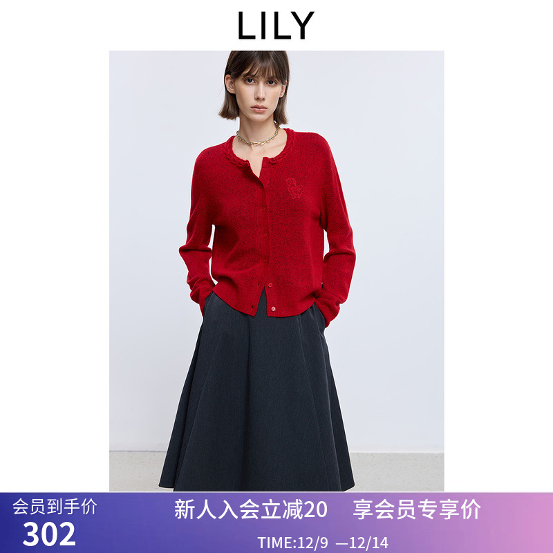 LILY2025冬新款羊毛混纺编织麻花圆领休闲通勤红色针织开衫外套女