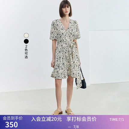 【专柜甄选】LILY夏新款女装设计感复古泡泡袖中长款连衣裙女