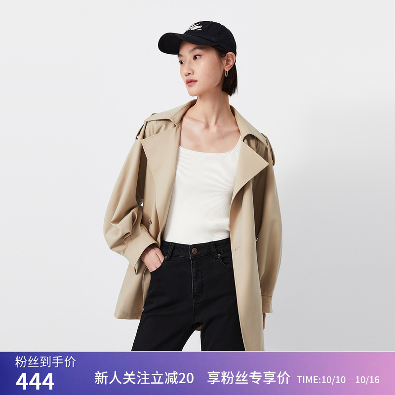 【商场同款】LILY春新款女装复古英伦风卡其中长款风衣外套女