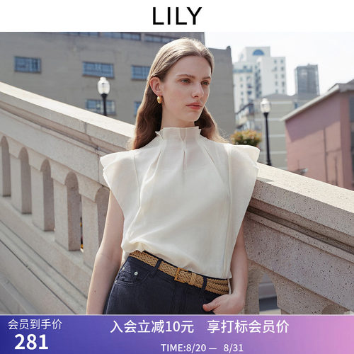 LILY2026夏新款女装醋酸混纺法式浪漫荷叶边小飞袖通勤白色套头衫