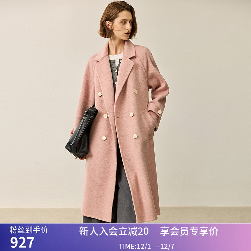 LILY冬新款女装经典双排扣通勤宽松直身绵羊毛双面呢大衣女款
