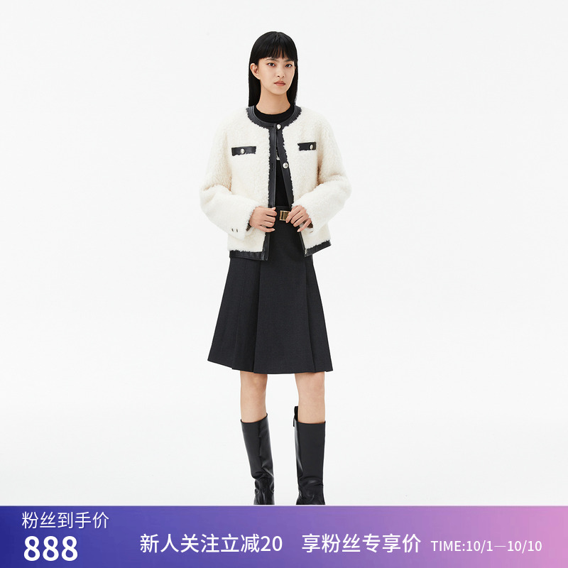 【商场同款】LILY冬新款女装全绵羊毛复古小香风仿皮草外套女