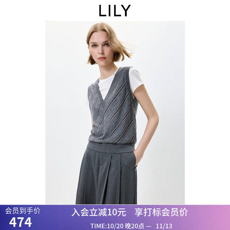 【商场同款】LILY2026秋新款学院风条纹V领无袖针织衫马甲背心女