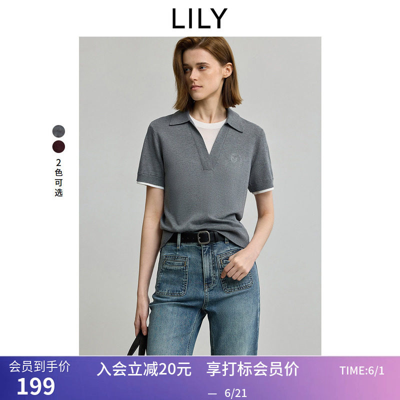 【商场同款】LILY秋新款女装复古假两件POLO领休闲短袖针织衫