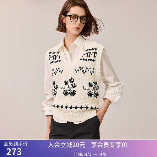LILY冬新款女装复古北欧费尔岛无袖V领百搭针织背心马甲女款
