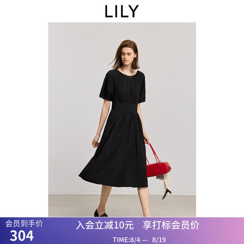 小黑裙LILY夏新款女装简约经典法式泡泡袖收腰圆领休闲连衣裙
