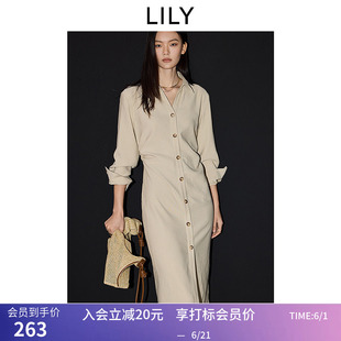LILY春简约通勤宽松休闲收腰显瘦衬衫裙卡其色连衣裙长裙女