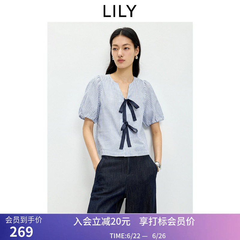 LILY2026夏新款女装棉麻混纺法式V领条纹蝴蝶结气质通勤短袖衬衫