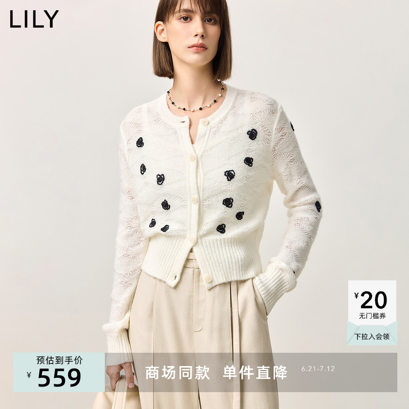 【商场同款】LILY2025春新款女装玫瑰绣花黑白撞色针织开衫外套