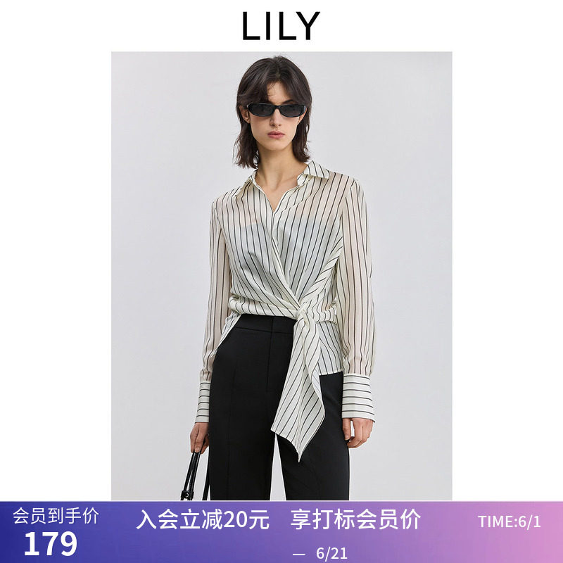 【商场同款】LILY夏新款女装莱赛尔混纺细条纹不规则翻领衬衫