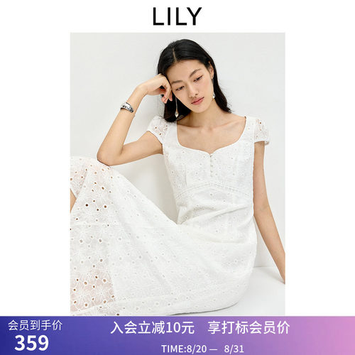 LILY2026夏新款莱赛尔混纺法式镂空绣花气质通勤白色短袖连衣裙女