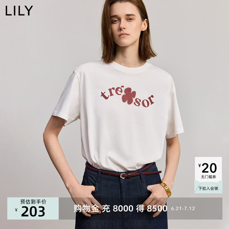 LILY2025夏新款女装全棉简约基础款撞色印花宽松休闲落肩短袖T恤