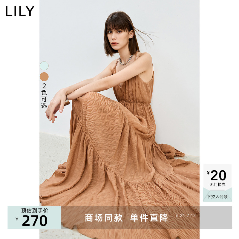 【商场同款】LILY2024夏新款女装度假感时尚百搭V领设计感连衣裙