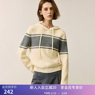 LILY冬新款女装绵羊毛混纺撞色条纹抽绳连帽百搭针织衫女毛衣