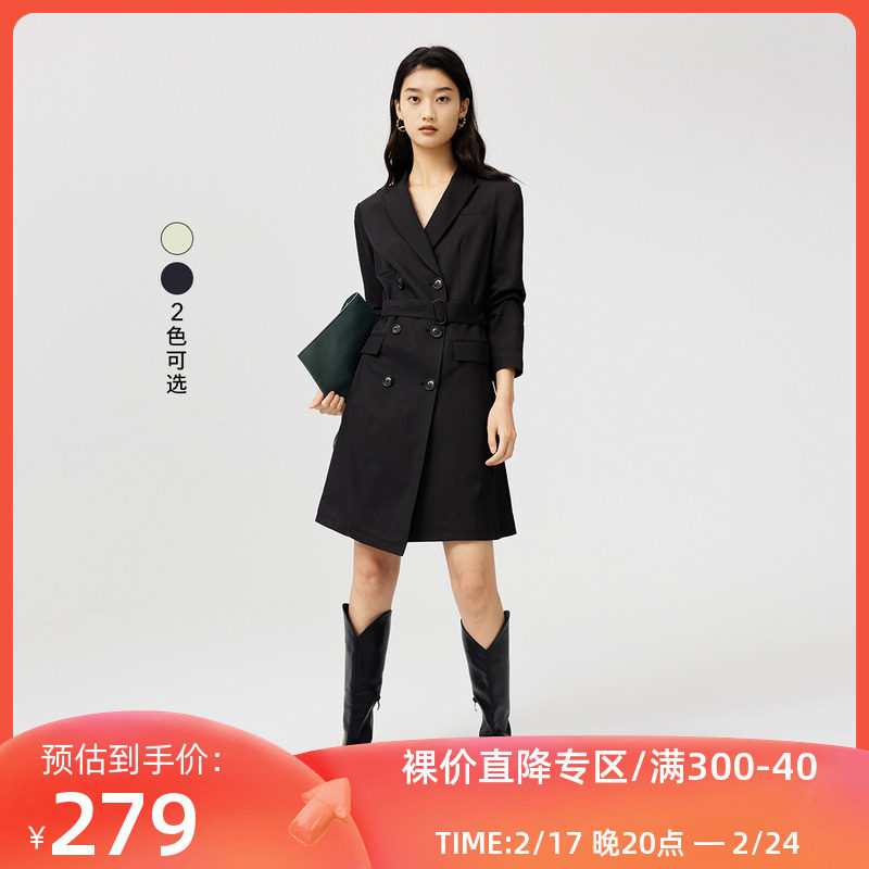 【商场同款】LILY秋新款女装气质纯色通勤款双排扣西装连衣裙