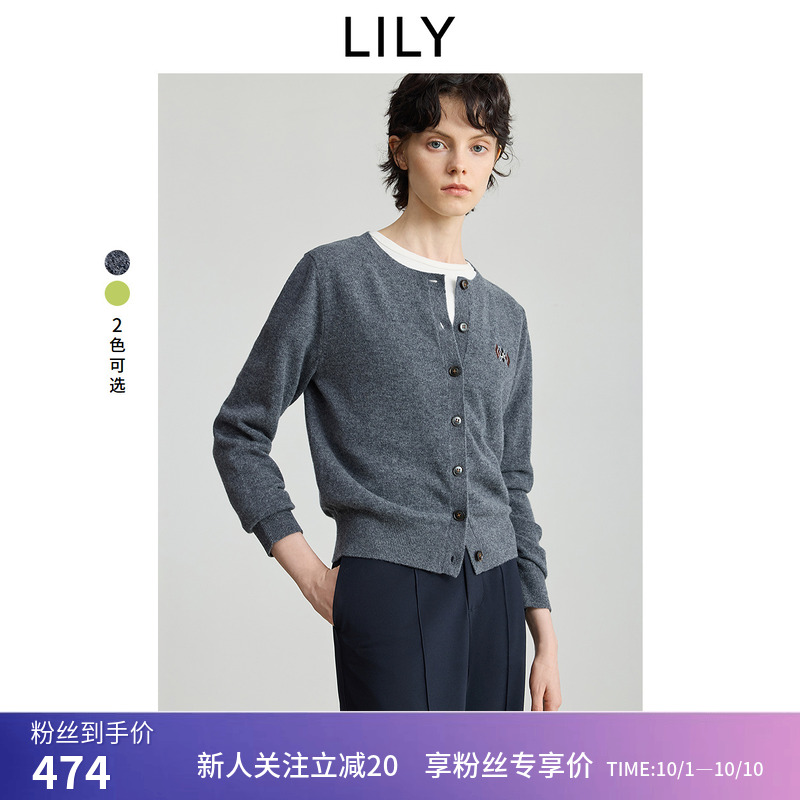 【100%羊毛】商场同款LILY2025秋新款复古圆领纯色绣花针织开衫女