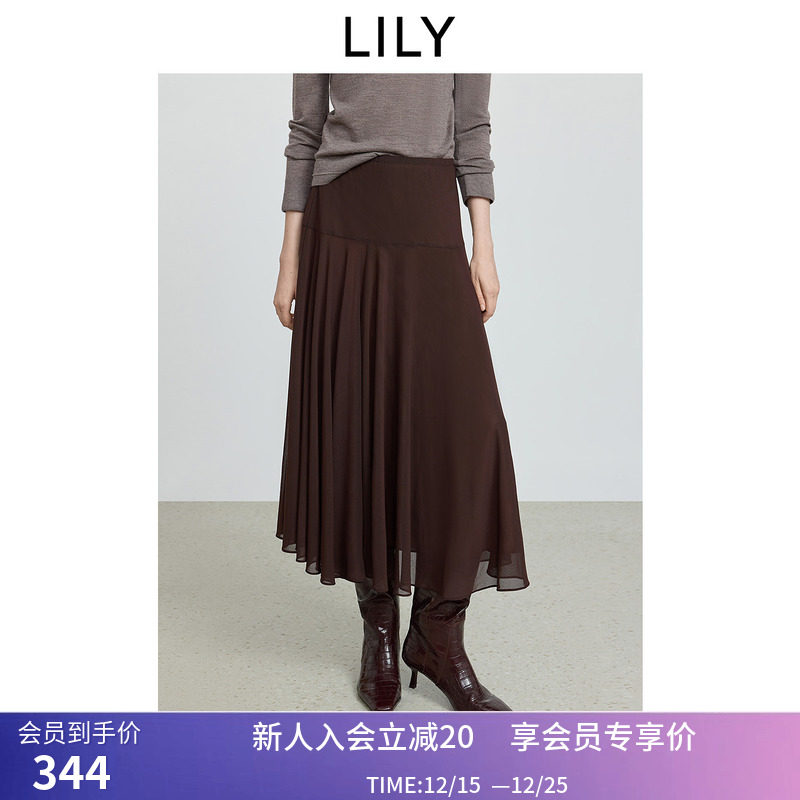 LILY2025冬新款复古不规则碎褶弹力气质通勤咖啡色半身裙A字裙女