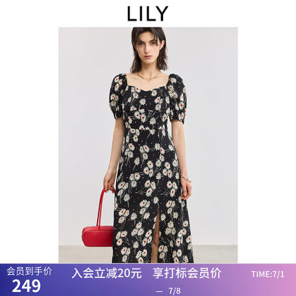 【商场同款】LILY夏新款莱赛尔亚麻法式复古碎花收腰连衣裙女