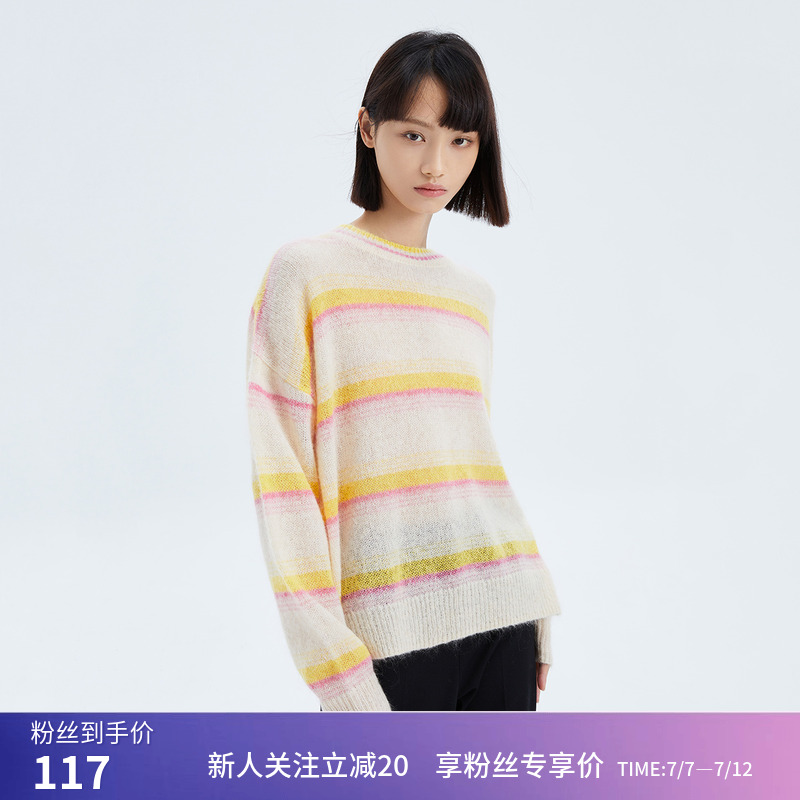 【商场同款】LILY春新款女装洋气俏皮条纹宽松柔软毛针织衫女