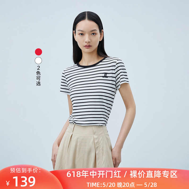 【商场同款】LILY2023夏新款女装别致绣花复古简约条纹短袖T恤女