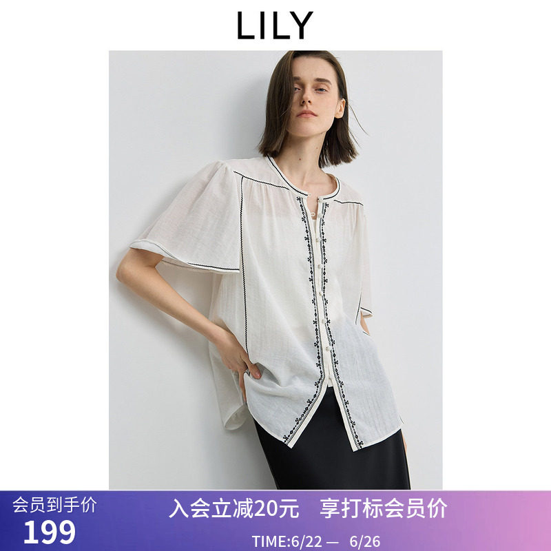 LILY夏新款女装法式浪漫圆领撞色绣花薄款米白色短袖衬衫外套