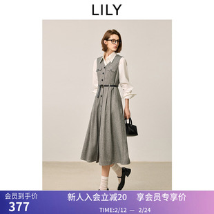 LILY2025冬新款女装格雷系复古无袖收腰V领气质通勤马甲式连衣裙
