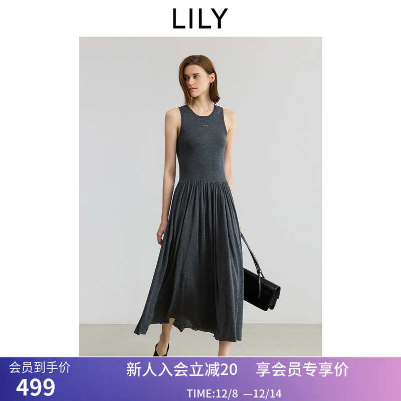 【商场同款】LILY2025秋新款含羊绒羊毛深色无袖圆领吊带连衣裙女