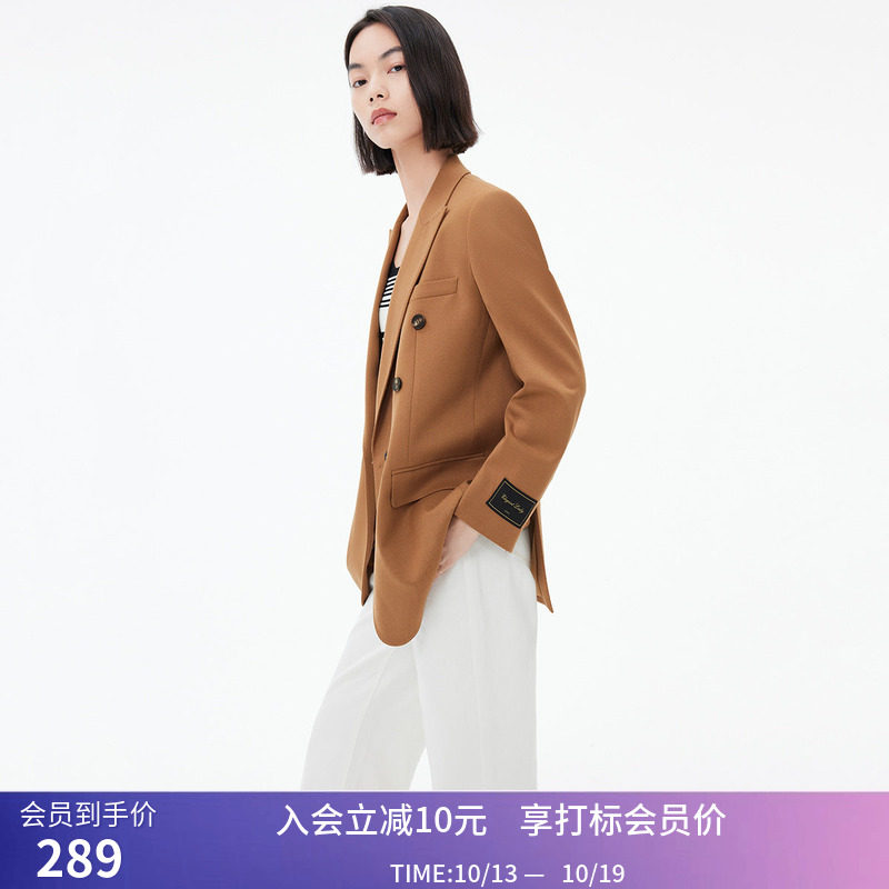 LILY秋新款女装都市通勤宽松复古双排扣棕色西装外套