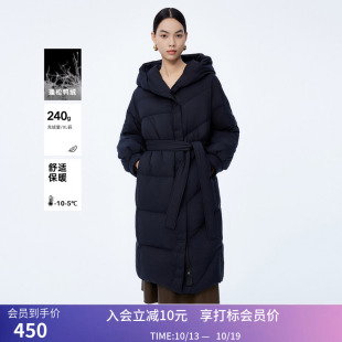 LILY冬新款女装保暖鸭绒时尚连帽通勤中长款黑色羽绒服外套女