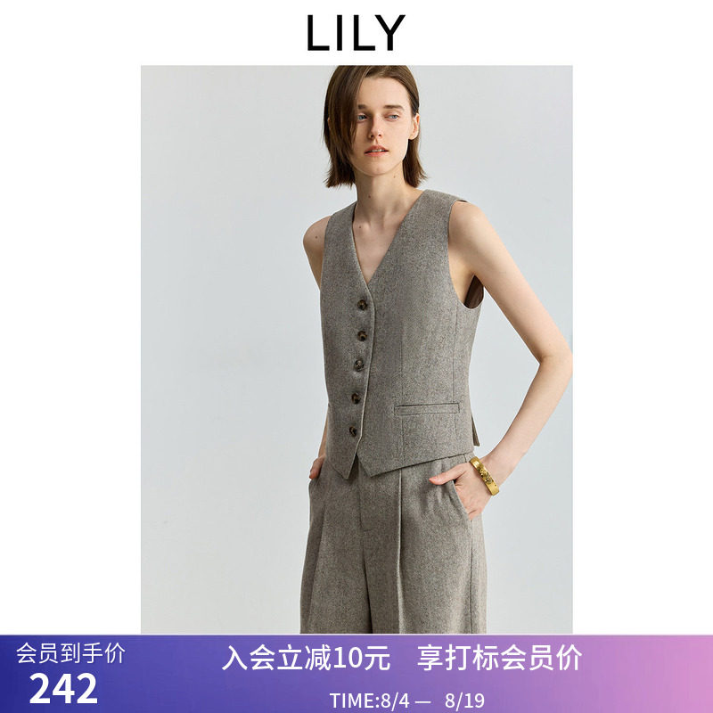 LILY秋新款女装羊毛混纺老钱风V领休闲气质通勤无袖西装马甲