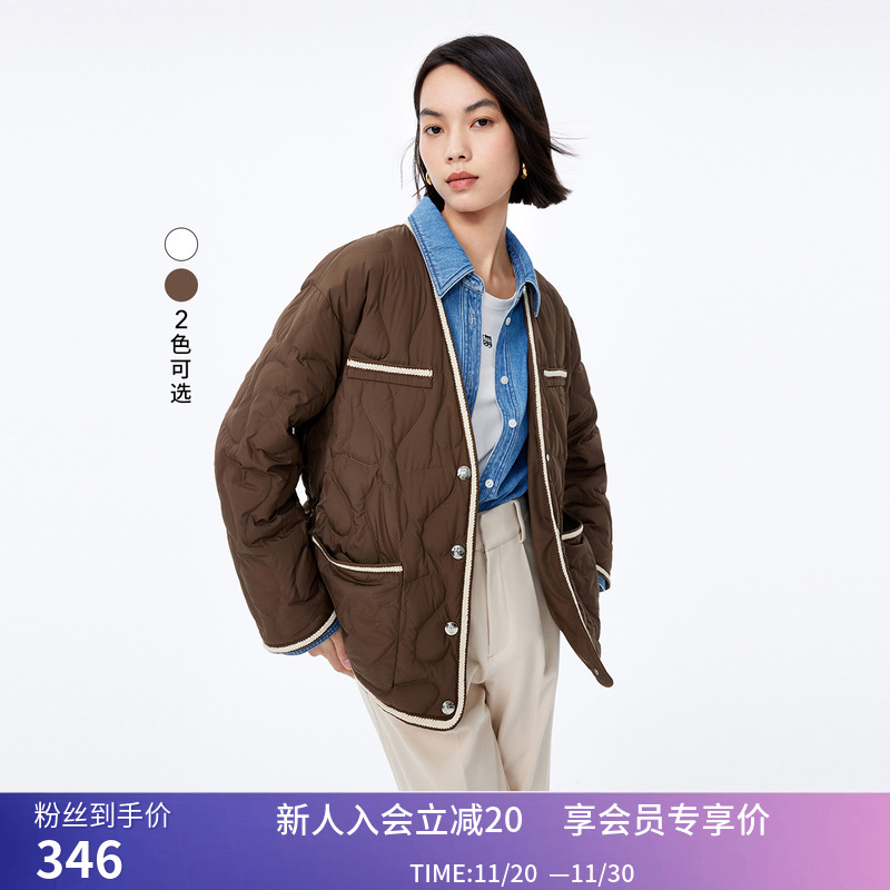 LILY冬新款女装气质通勤优雅V领复古小香风羽绒服外套小个子