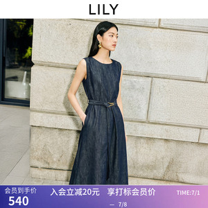 LILY2026夏新款含莱赛尔醋酸复古老钱风无袖圆领收腰牛仔连衣裙女