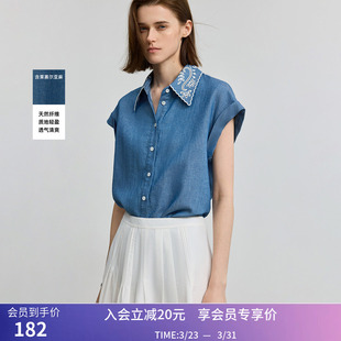 外套女 牛仔衬衫 LILY夏新款 含莱赛尔亚麻复古镂空绣花休闲短袖