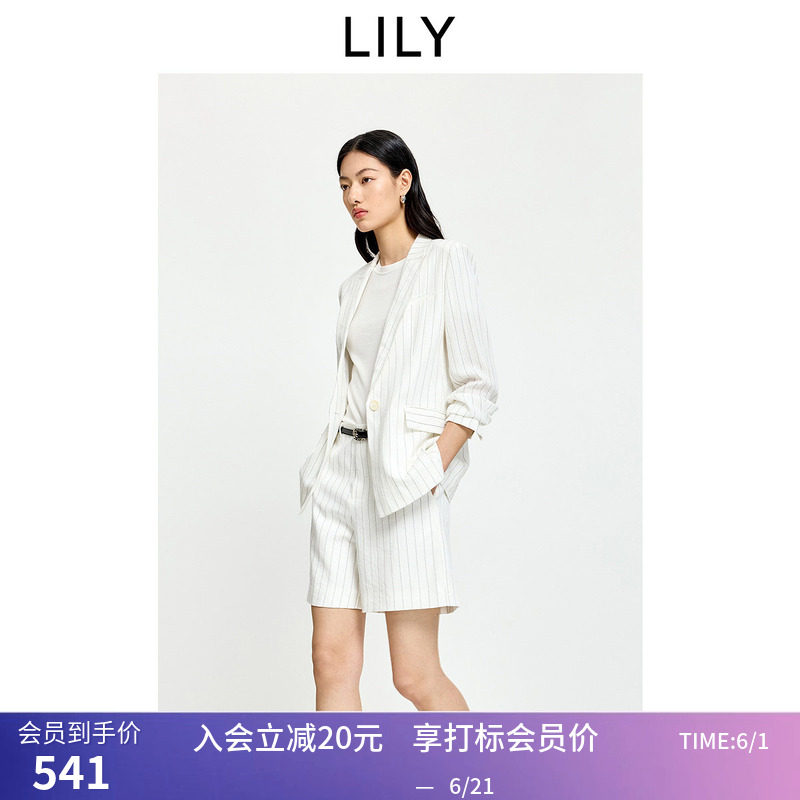 LILY2026夏新款女装含亚麻老钱风条纹垫肩宽松廓形浅色西装外套