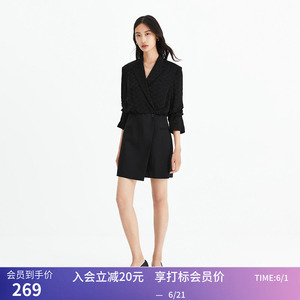 【商场同款】LILY夏新款女装设计感假两件高腰款西装式连衣裙