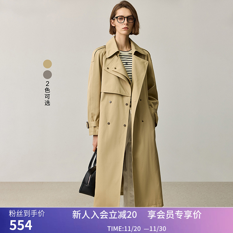 LILY秋新款女装高级感双排扣百搭职场OL通勤风衣外套女中长款