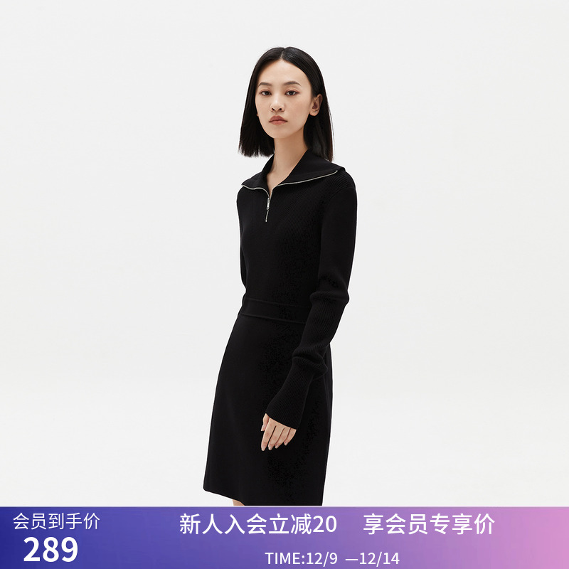 【商场同款】LILY冬新款女装复古优雅通勤款针织连衣裙小黑裙