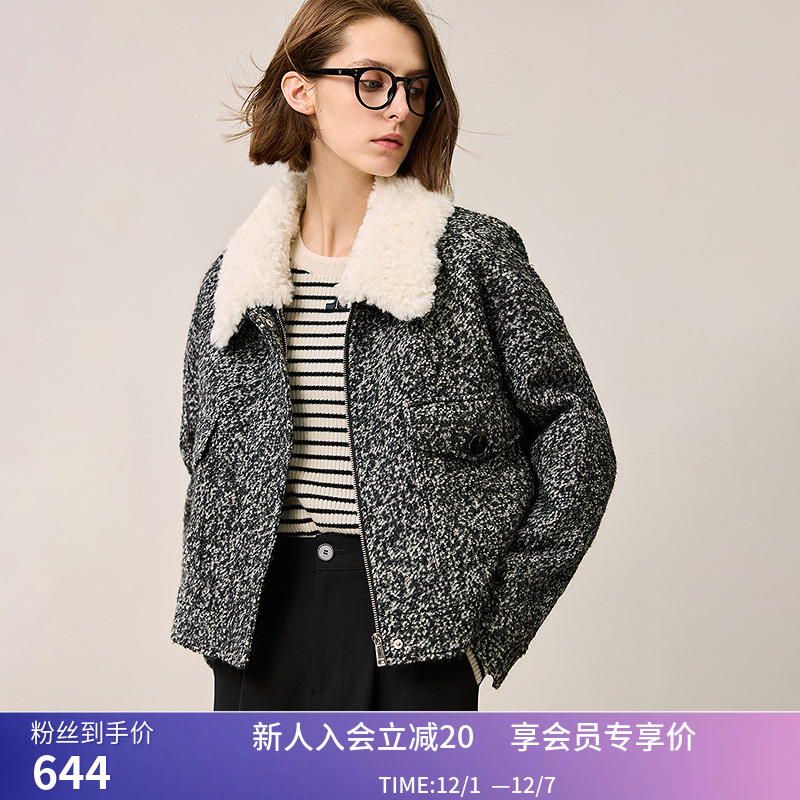 LILY冬新款女装绵羊毛混纺夹花肌理感拼接毛领毛呢外套女短款