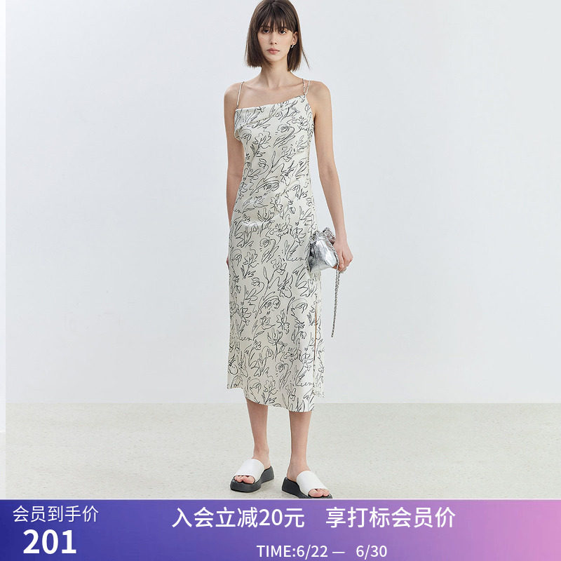 【商场同款】LILY夏新款女装艺术感印花设计感不对称吊带裙女