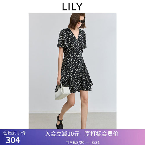 LILY夏新款女装莱赛尔亚麻法式复古老花V领收腰小黑裙连衣裙
