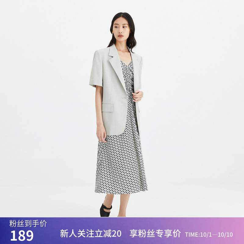 【商场同款】LILY秋新款女装垂坠感通勤款一粒扣短袖西装外套