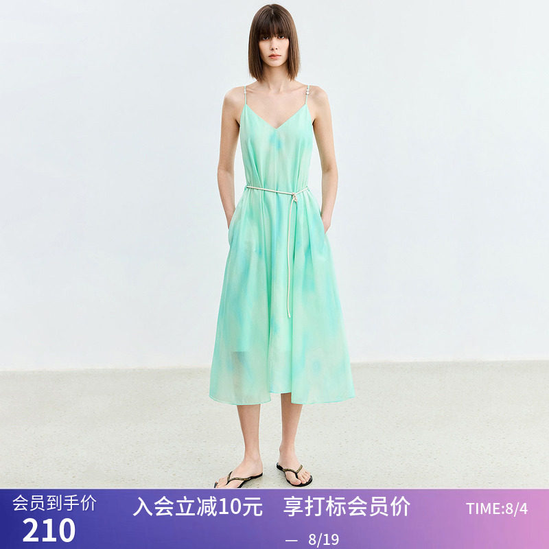 【商场同款】LILY夏新款女装莱赛尔印花清新V领设计感连衣裙