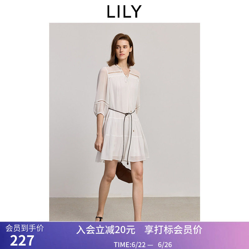 【商场同款】LILY夏新款法式圆领镂空蕾丝A字裙白色连衣裙女